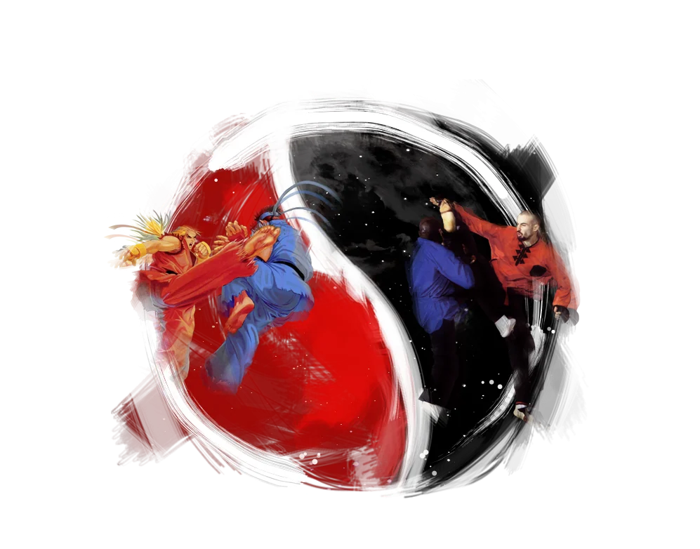 Le yin-yang AH2R : à gauche Ken et Ryu sur l’encre rouge, le combat virtuel ; à droite deux pratiquants d’AH2R sur l’encre noire, le combat réel ; un trait de pinceau blanc les sépare.